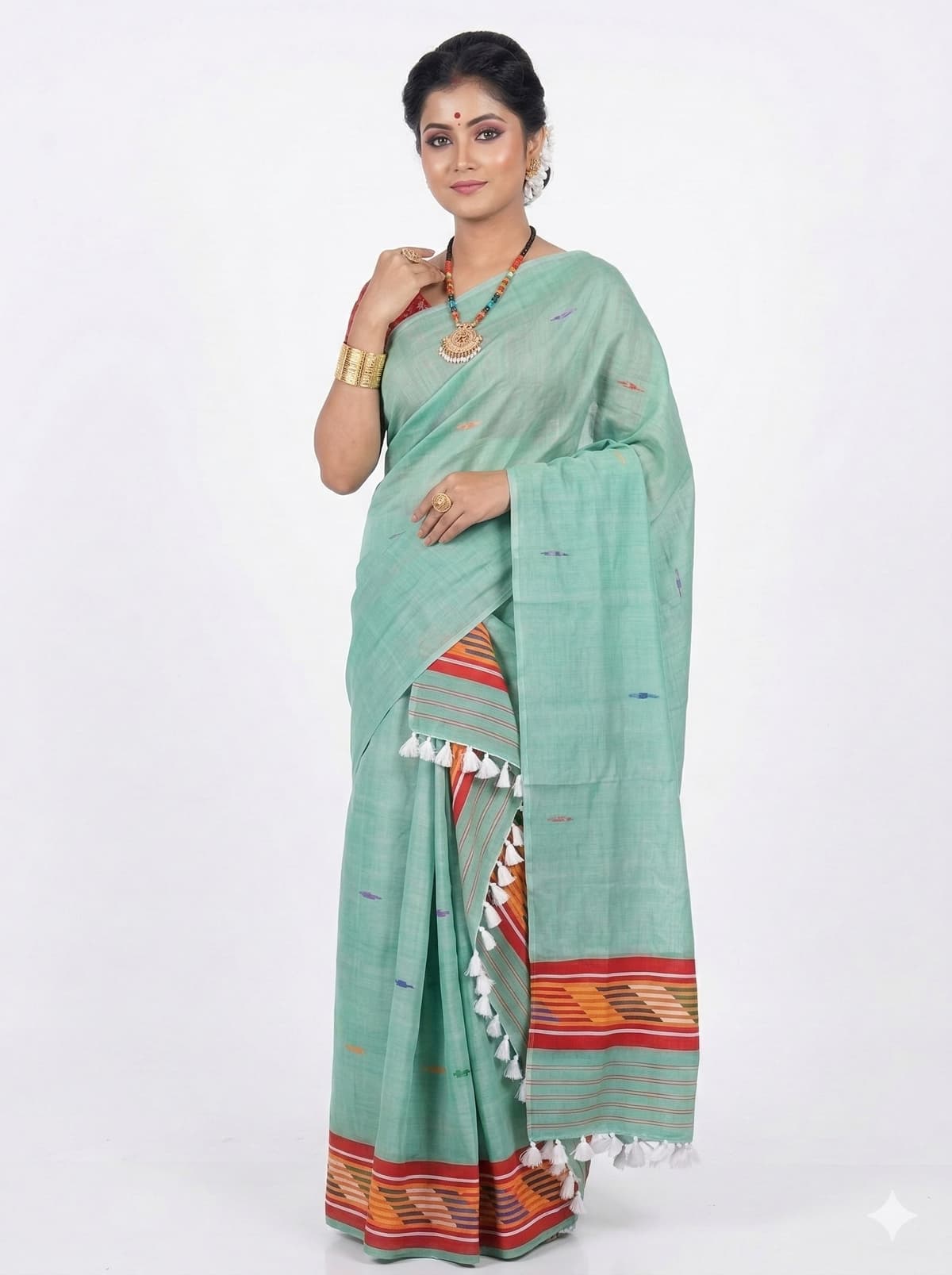Authentic Handwoven Mint Green Tussar Wool Mekhela Sador Set (Jura)