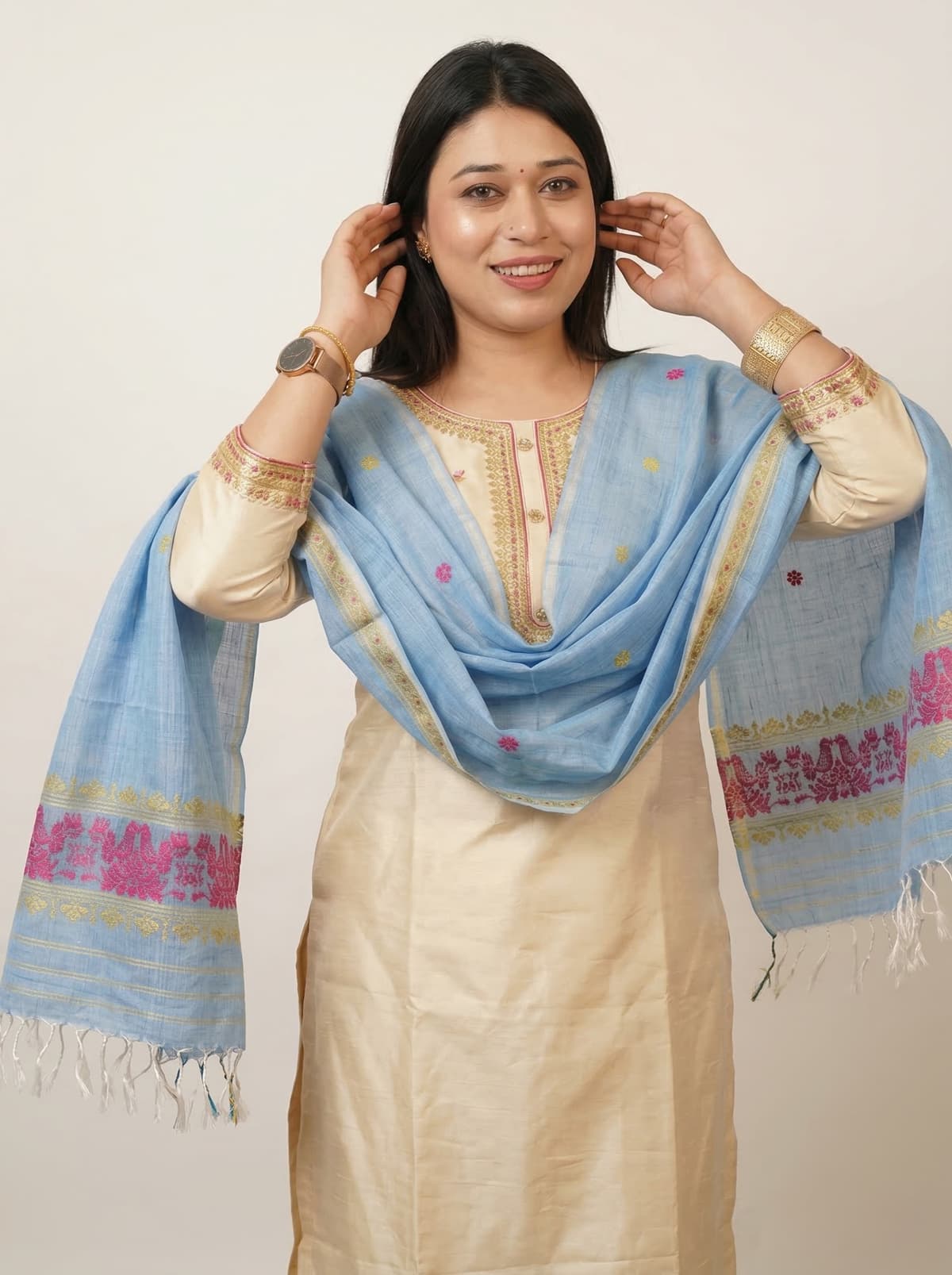 Handmade Cotton Stole with Traditional Pink & Gold Motifs โ Light Blue