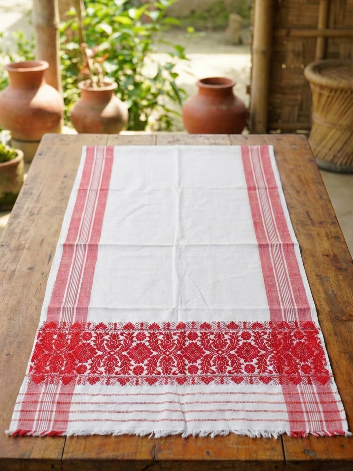Handwoven Pure Cotton Gamusa with Traditional Red Motifs