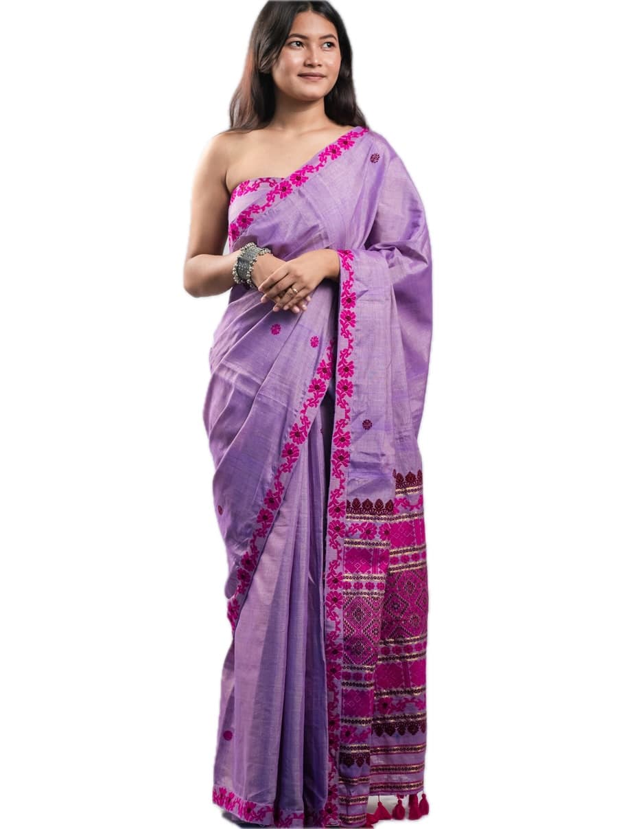 Handwoven Eri Silk Saree – Lavender with Traditional Magenta Motifs