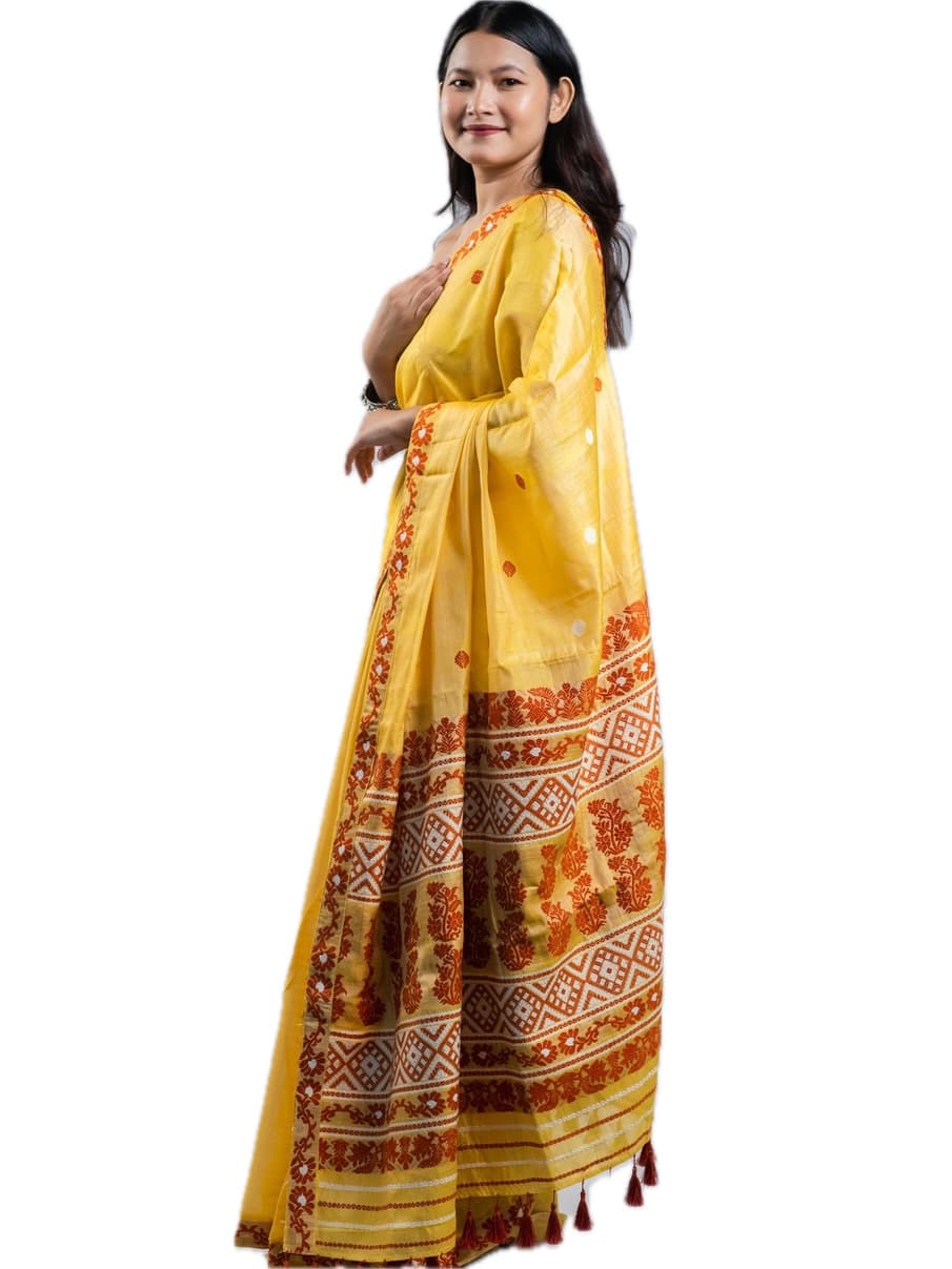 Handwoven Tussar Cotton Saree with Traditional Red Motifs