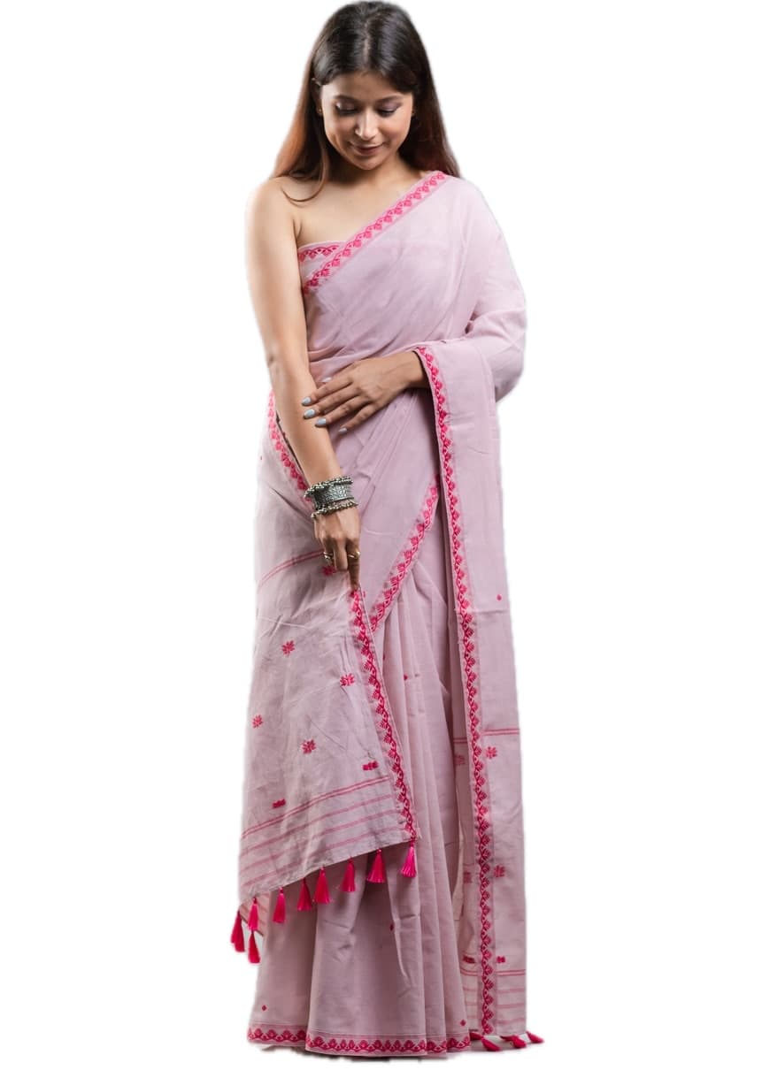 Handwoven Light Pink Cotton Saree with Vibrant Pink Motifs