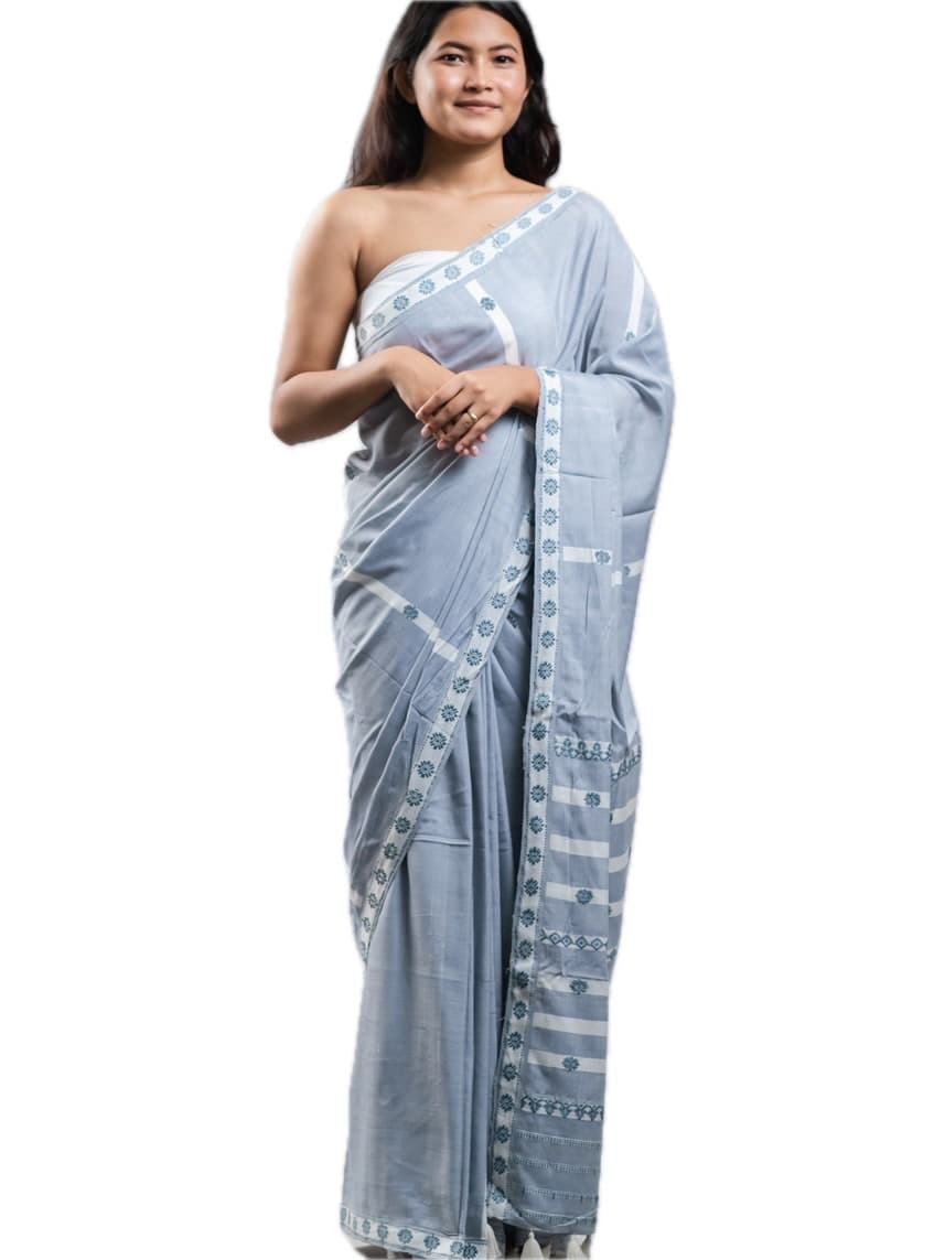 Handwoven Dusty Blue Modal Saree with Traditional Motifs