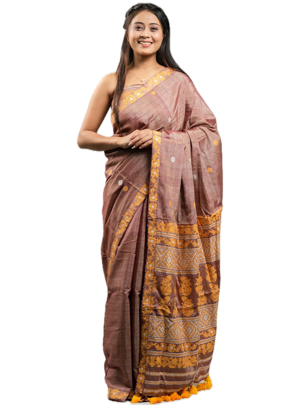 Handwoven Tussar Cotton Saree in Copper Brown with Yellow Motifs