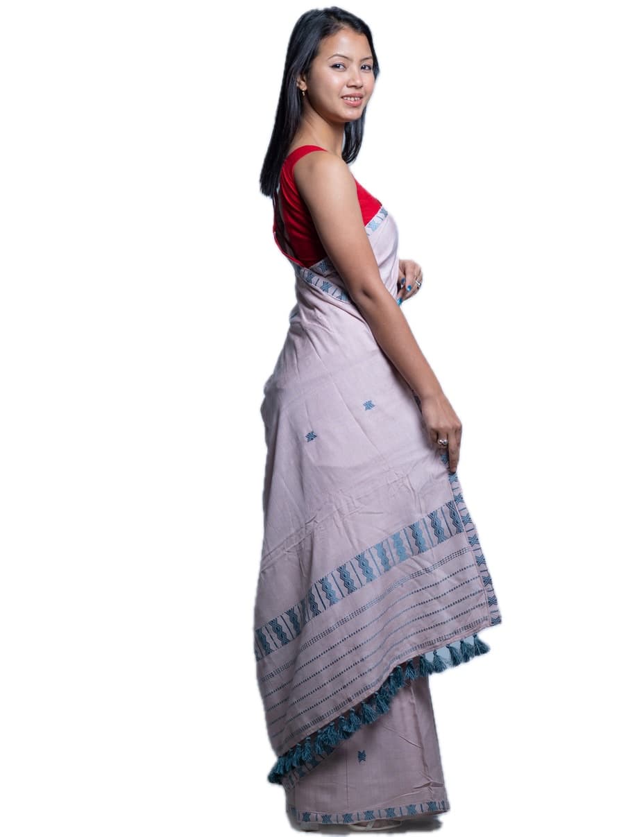 Handwoven Modal Cotton Saree with Teal Motifs