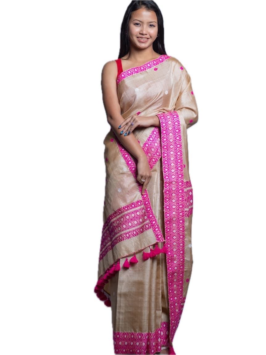 Handwoven Pure Tussar Silk Saree with Pink Motifs