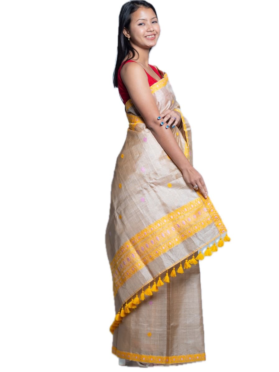 Handwoven Pure Tussar Silk Saree with Yellow Motifs
