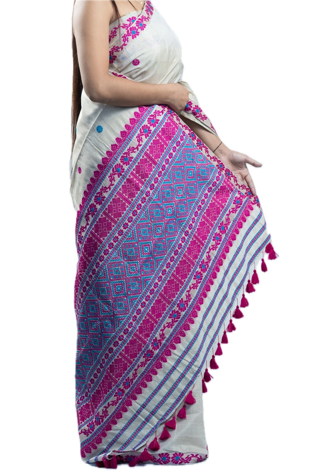 Handwoven Tussar Cotton Saree with Pink & Blue Motifs