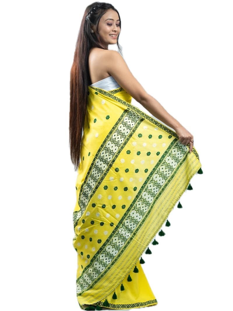 Handwoven Yellow Micro Modal Saree with Green Motifs