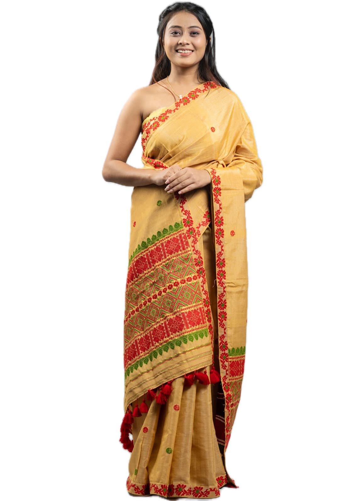 Handwoven Tussar Cotton Saree in Golden Yellow with Red & Green Motifs