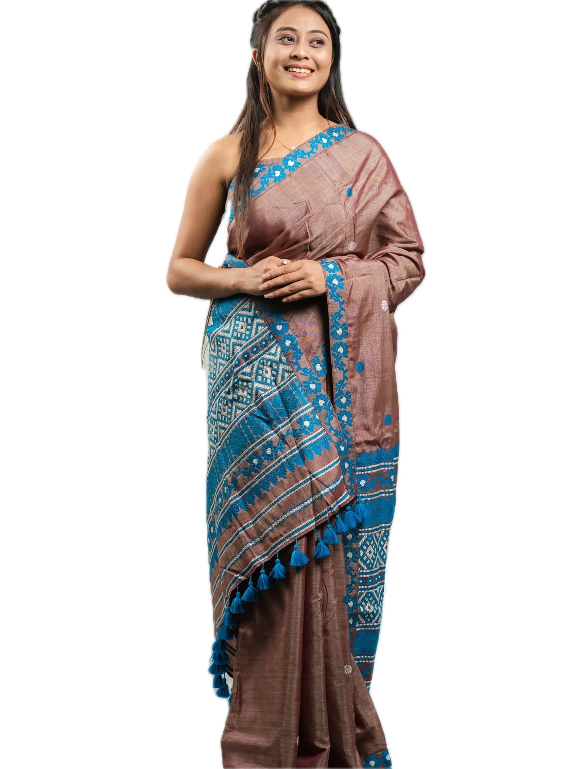 Handwoven Tussar Cotton Saree in Copper Brown with Blue Motifs